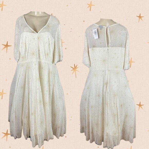 Torrid 30 Ivory Celestial Lined Mesh Tulle Keyhole Back Short Sleeve Midi Dress - Picture 1 of 6